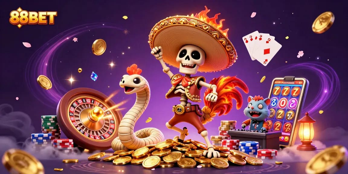 Experience the excitement of 88BET with dynamic characters in a vibrant casino scene.