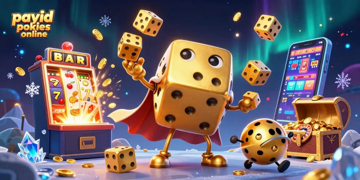 Experience thrilling payid pokies online with golden dice and slot machines in this vibrant illustration.