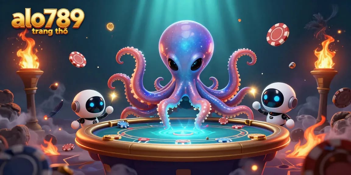 Experience thrilling action with "alo789 trang chủ" in a vibrant 3D gambling scene featuring a cosmic octopus and robot companions.