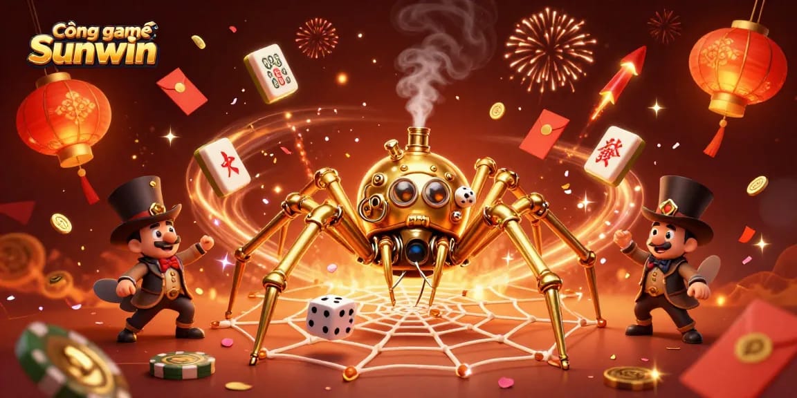 Cổng game Sunwin features a golden spider and Victorian fly gentleman celebrating with vibrant casino elements