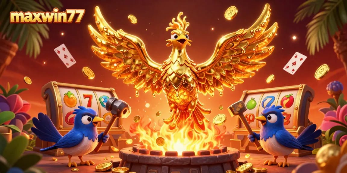 Experience thrilling gameplay with maxwin77 as a golden phoenix rises amid slot reels and floating cards.