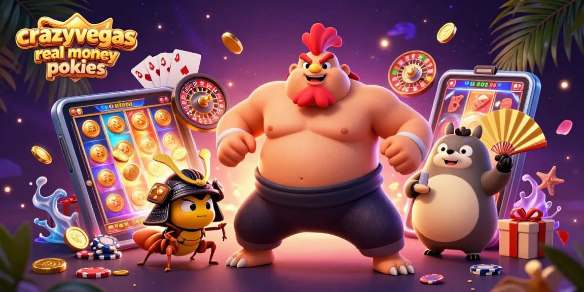 Experience crazyvegas real money pokies with an exciting illustration of dynamic casino characters and elements.