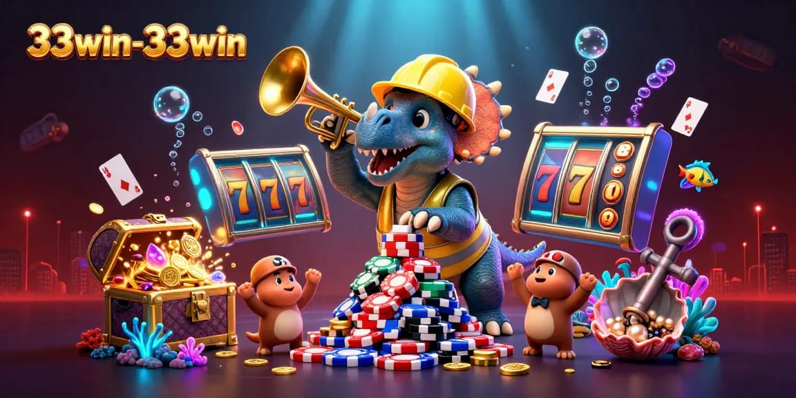 Celebrate winning at 33win-33win with vibrant casino action featuring slot reels and cheerful characters.