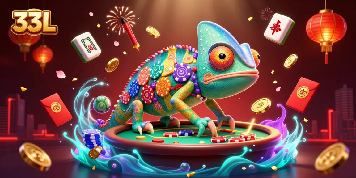 33L chameleon casino owner in vibrant 3D illustration capturing the excitement of online gaming