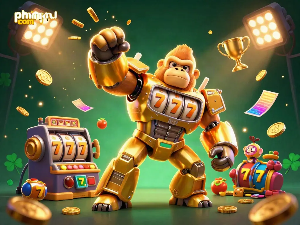 Spin into excitement with phimmoi,com featuring a golden gorilla mech surrounded by slot reels and casino elements.
