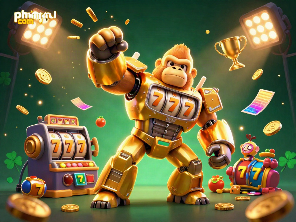 Spin into excitement with phimmoi,com featuring a golden gorilla mech surrounded by slot reels and casino elements.