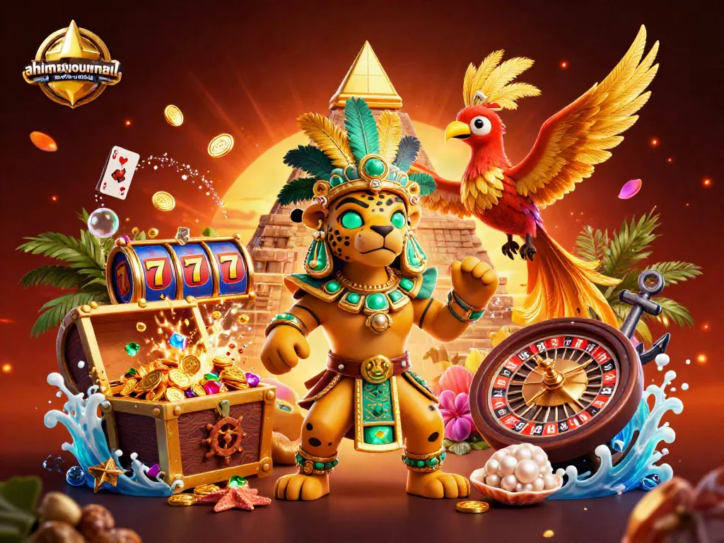 ahimajournal-digital features a vibrant casino scene showcasing dynamic slot reels, fortune symbols, and a glowing Mayan jaguar priest.
