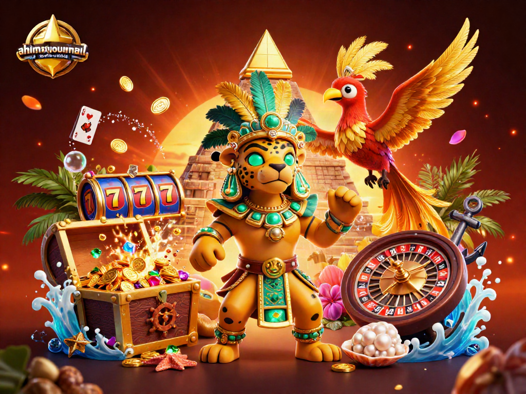ahimajournal-digital features a vibrant casino scene showcasing dynamic slot reels, fortune symbols, and a glowing Mayan jaguar priest.