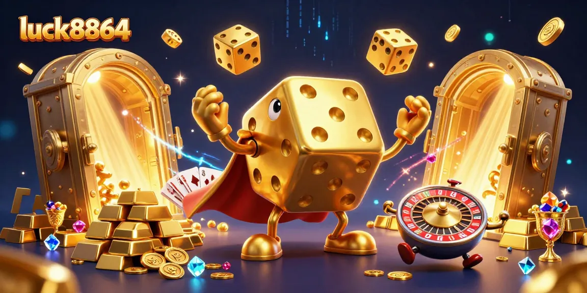 Engage with luck8864's vibrant gaming scene featuring golden dice and jewels, celebrating casino thrills.