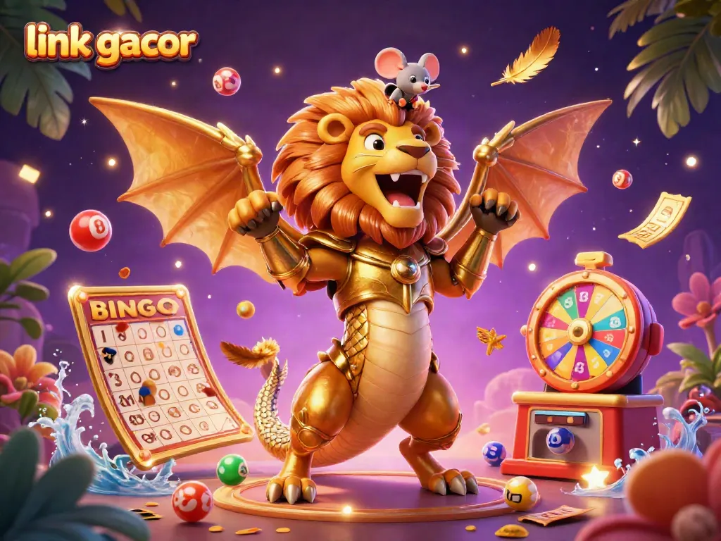 A 3D cartoon chimera and mouse jockey celebrate jackpots with vibrant games elements in an exhilarating scene featuring link gacor.