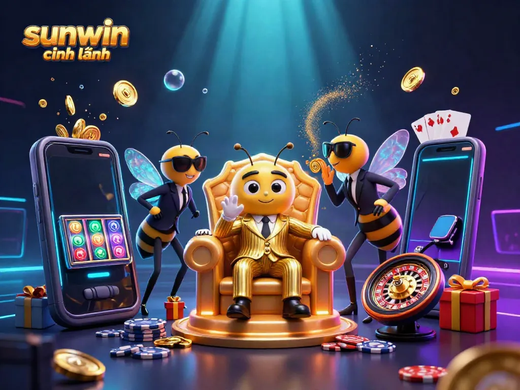 Experience fun and excitement with the sunwin chính hãng online casino, showcasing vibrant game elements and animated characters in a rich scene.