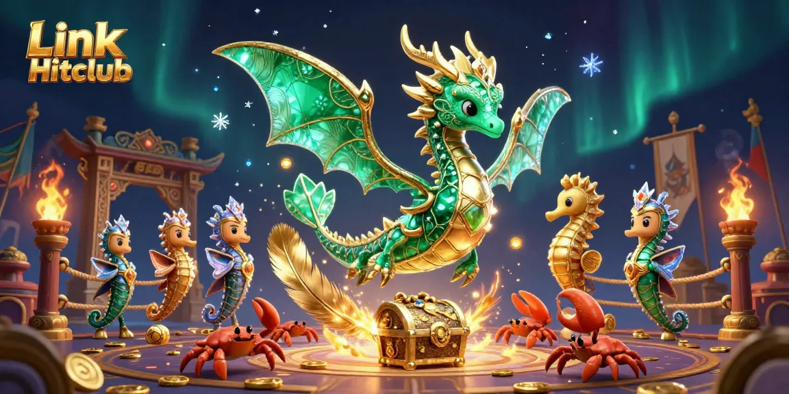 Experience the exciting world of Link Hitclub with a vibrant sea dragon illustration and treasure elements.