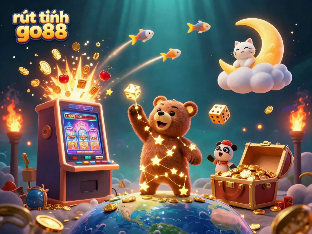 Engage with rút tiền go88, showcasing a vibrant 3D illustration of a celestial casino theme filled with magical elements and action.