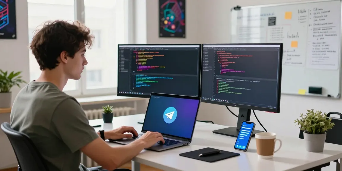 Download Telegram on a developer's workspace with coding screens and alerts.
