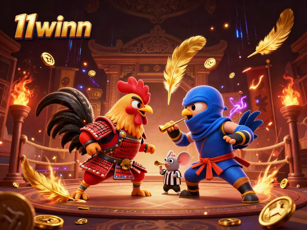 Engage in thrilling bets at 11winn with a cartoon depicting a standoff between roosters in a dynamic arena.