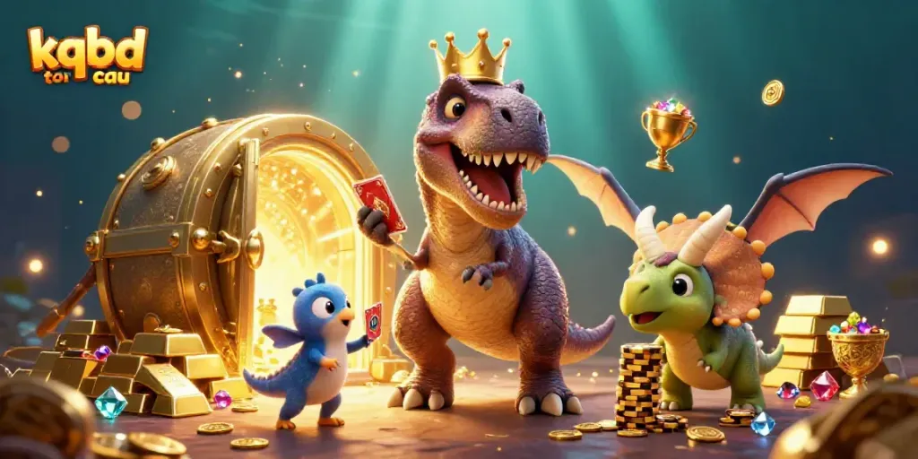 Join the adventure in kqbd toan cau where a fun T-Rex deals cards while a baby triceratops stacks chips.