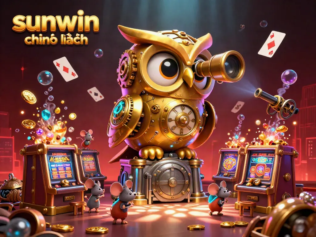 Experience the thrilling essence of sunwin chính hãng with whimsical characters exploring a vibrant casino scene.