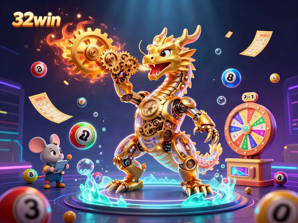 Bet on big wins with 32win's vibrant 3D casino themed illustration featuring engaging game elements.