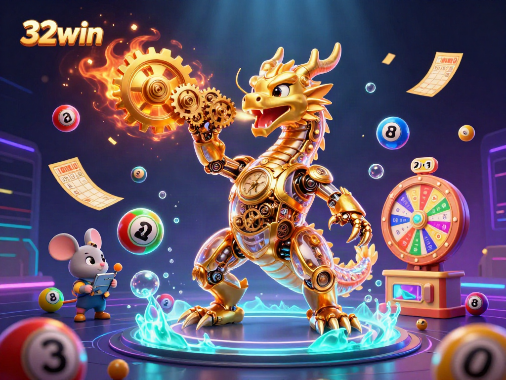 Bet on big wins with 32win's vibrant 3D casino themed illustration featuring engaging game elements.