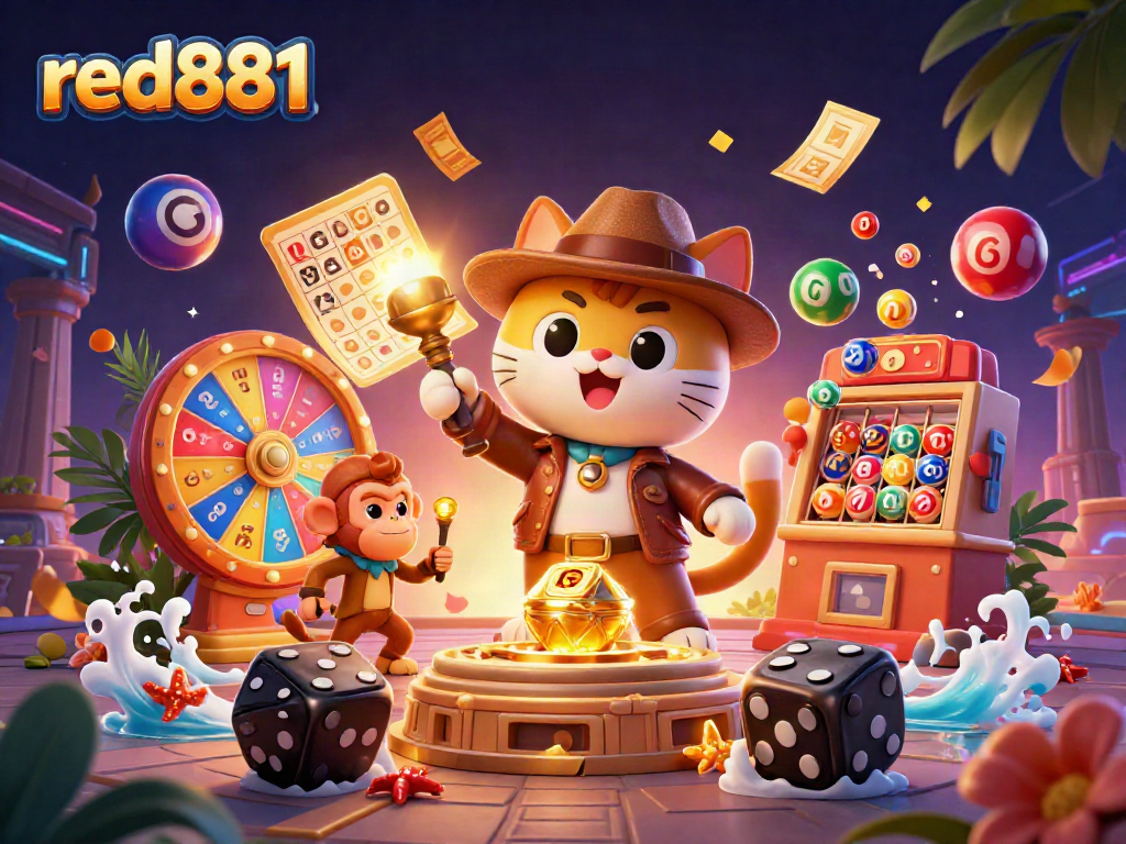 Engage in exciting adventures with red881 where a curious cat and monkey explore a golden casino artifact amidst colorful lottery elements.