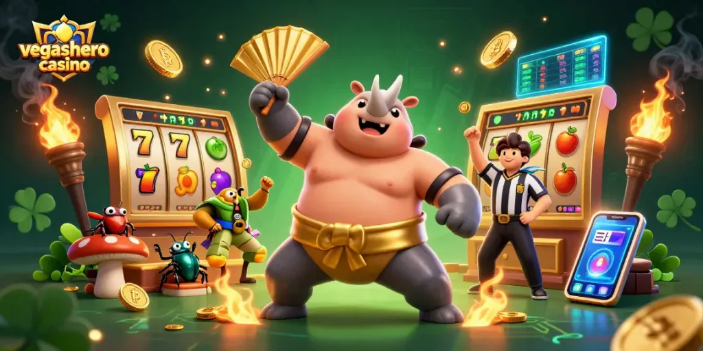 Engage with vegashero casino as the sumo champion beetle battles for riches in a vibrant slot scene.