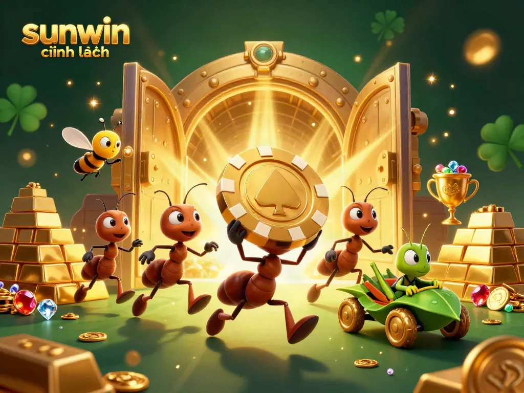 Sunwin chính hãng showcases ants heisting a giant poker chip amid gold and jewels, depicting an exciting casino scene.