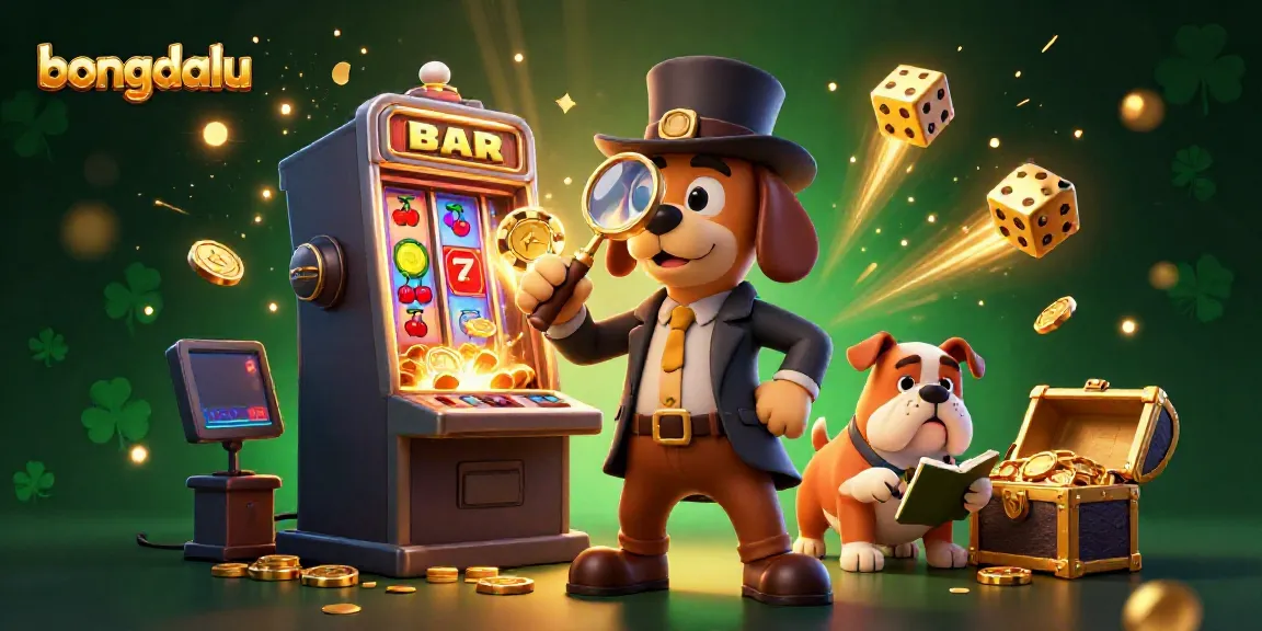 Bongdalu scene with cartoon detective and bulldog amidst jackpot explosion and dynamic casino elements.