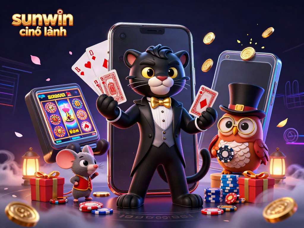 Experience the excitement at sunwin chính hãng with a charming 3D illustration of casino characters enjoying games and poker chips.
