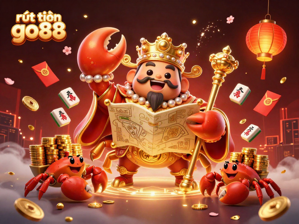 Experience the vibrant scene of rút tiền go88 in this dynamic illustration, showcasing a golden crab emperor with treasures.