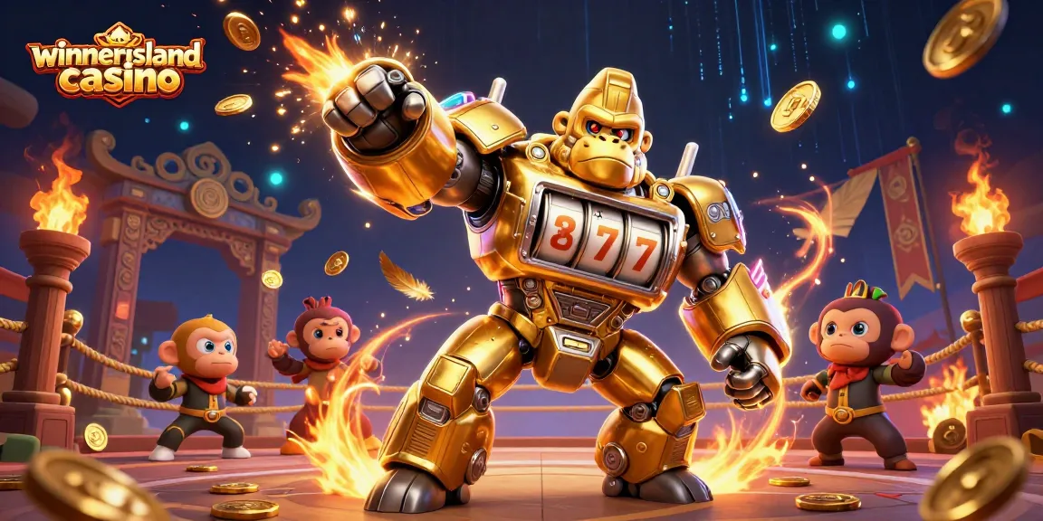 Experience the thrill of winnerislandcasino with a vibrant 3D scene featuring a golden gorilla mech and dynamic casino elements.